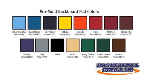 Color chart showing 15 standard colors for Gard Sports Pro-Mold basketball backboard pads.